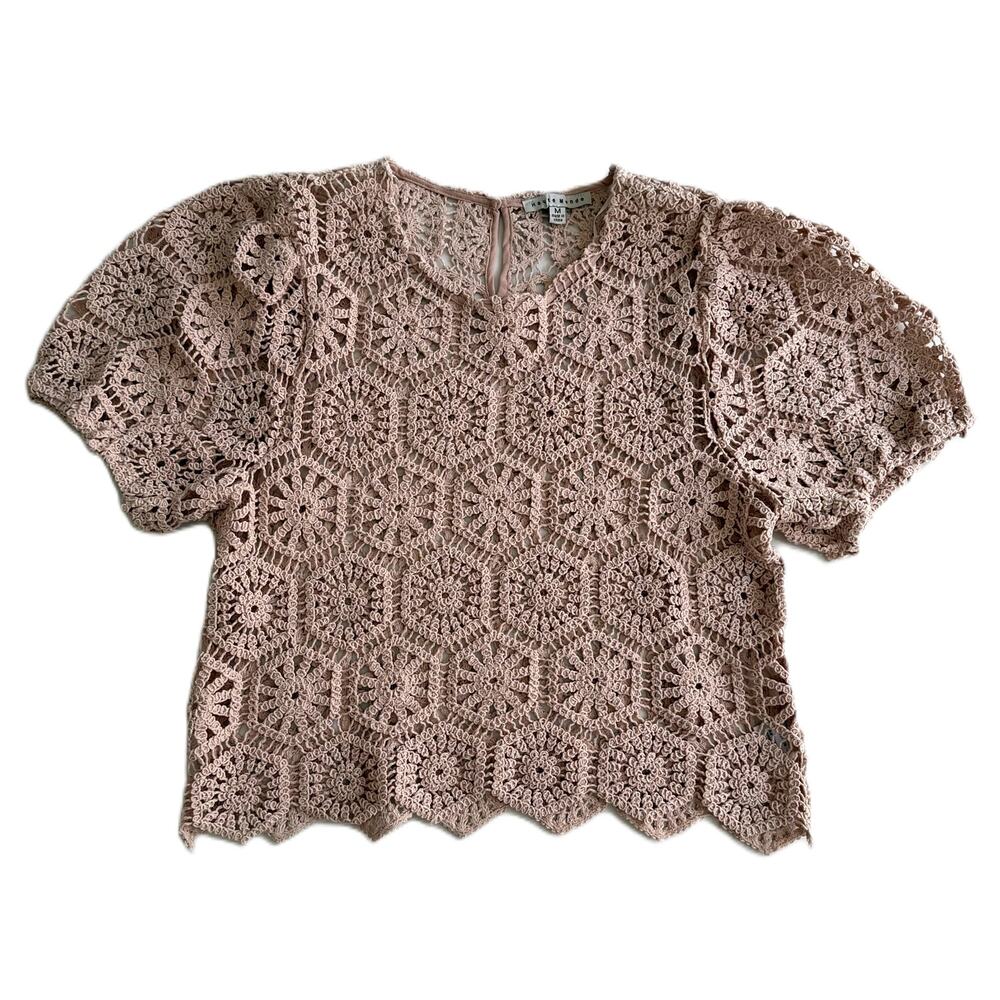 Crochet Short-Sleeve pink Blouse, puffy sleeve top M